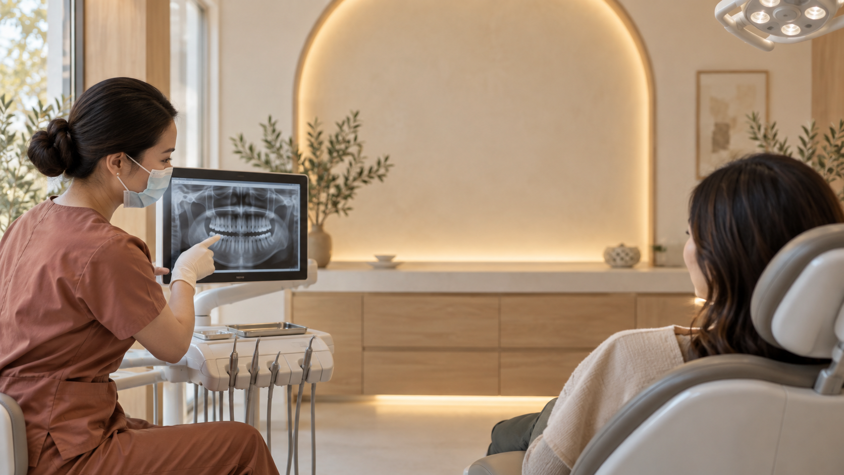 Dentist reviewing a dental X-ray with a patient